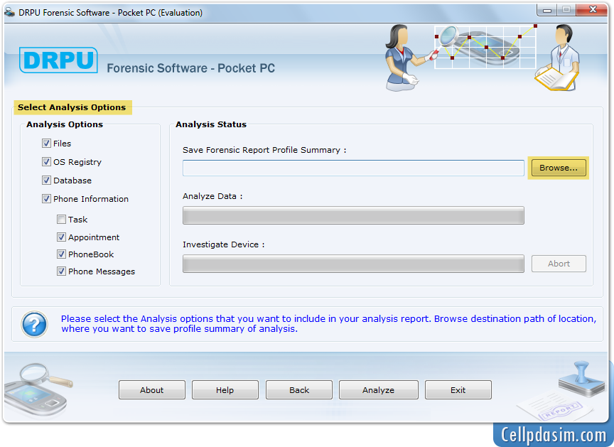 Pocket PC Forensic Select Analysis Options